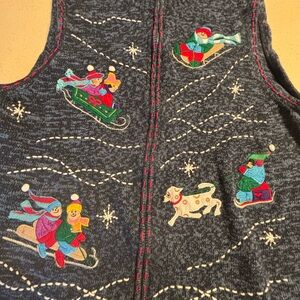 Festive Knit Vest with Colorful Children sledding Winter Embroidery